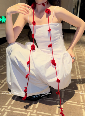 小众红色玫瑰花手钩长条围脖女纯手工针织细窄长围巾辣妹装饰颈链