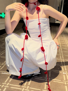 小众红色玫瑰花手钩长条围脖女纯手工针织细窄长围巾辣妹装饰颈链