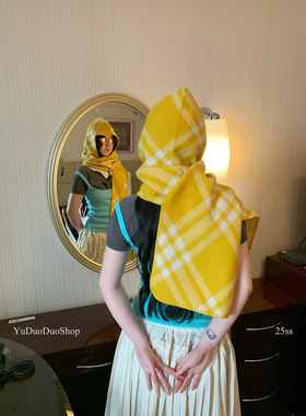 高级感复古奶酪黄格纹巴拉克拉法帽女秋冬时髦保暖帽子围巾一体