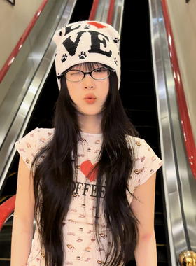 Love系列字母印花冷帽女设计感包头帽冬季大头围保暖针织毛线帽男