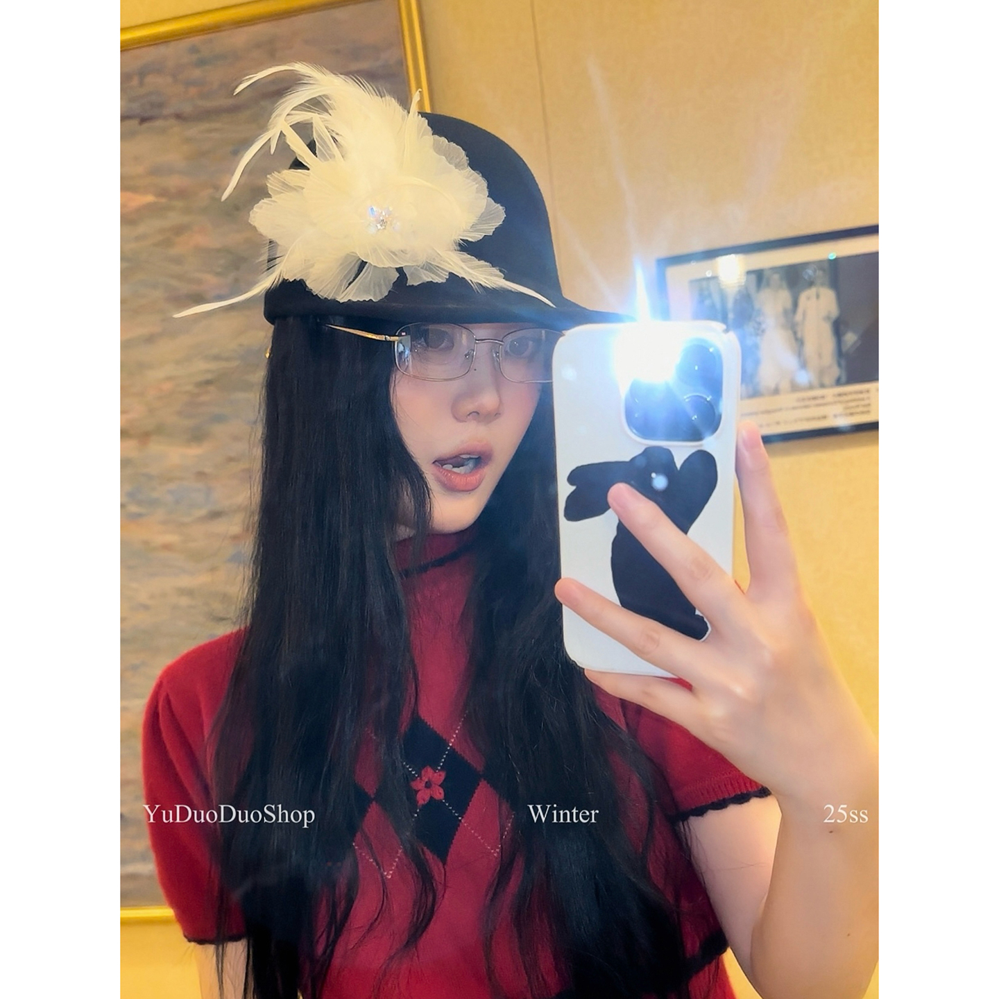 原创款时髦复古花朵毛呢马术帽女