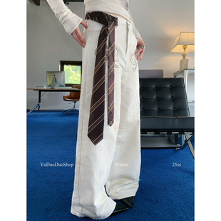 时髦甜酷美式 百搭领巾配饰潮 辣妹腰带女复古棕色条纹手打领带衬衫