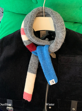 小众设计感彩色腊肠围巾女秋冬ins复古时髦拼色细窄长条针织围脖