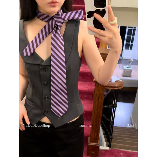 小众设计时髦复古紫色条纹领带女