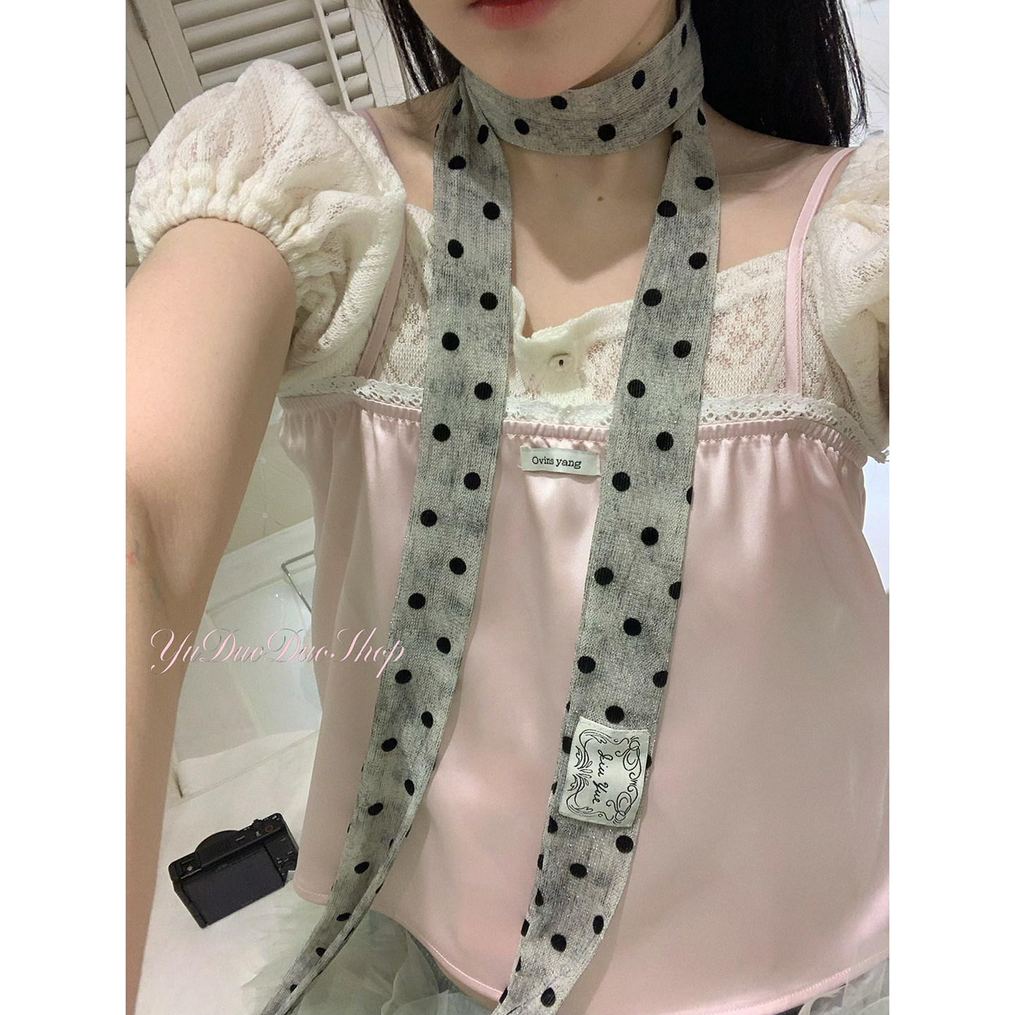 高级感波点系脖丝巾女清冷灰时髦百搭领巾复古长条细窄绑发飘带潮