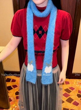 时髦古早感针织小苹果细长条围巾女2025秋冬新款可爱软糯窄版围脖