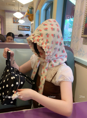 泡芙花边显脸小帽子围巾一体复古碎花耐看型巴拉克拉法帽女套头帽