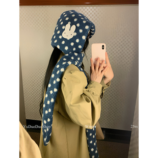 波点羊羔毛巴拉克拉法帽子女秋冬保暖护耳帽子围巾一体连帽围脖潮