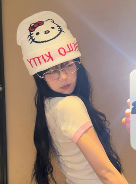 韩国可爱Kitty凯蒂猫冷帽女ins大头围秋冬保暖百搭包头针织毛线帽