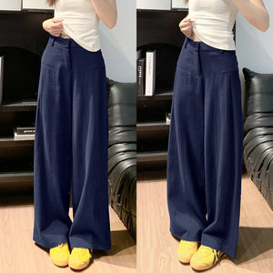 藏青色亚麻阔腿裤女夏季薄款高腰老钱风西装直筒冰丝棉麻休闲裤子