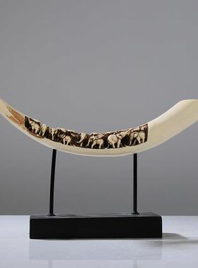 新中式雕刻牛角树脂摆件大象工艺品客厅样板间书房玄关摆设博古架