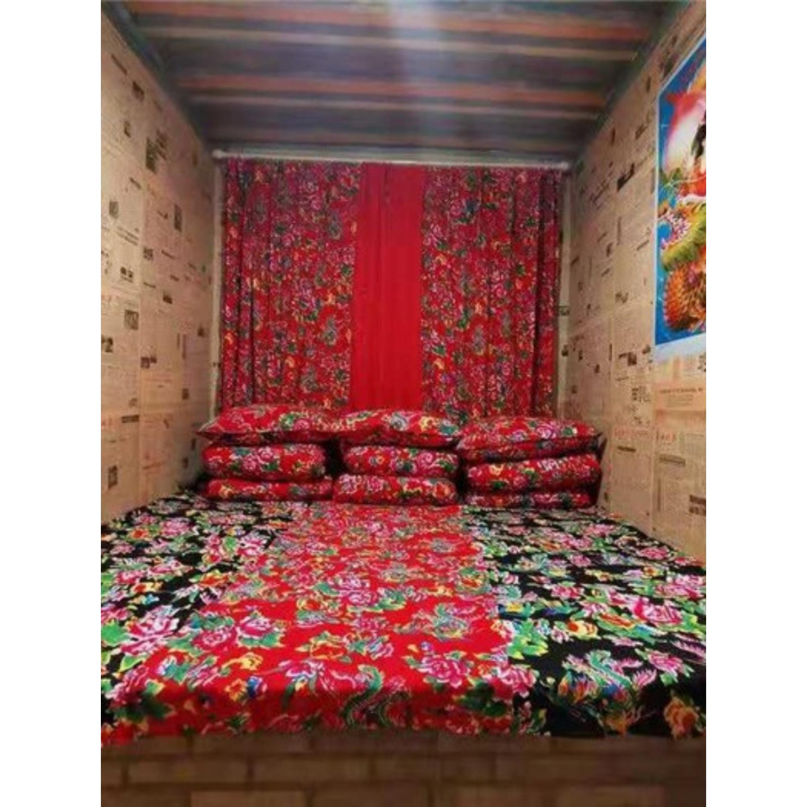 乡土东北大花农家乐民宿火锅店窗帘炕抱枕被褥套床单圆方桌布面料