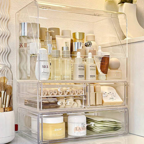 化妆品收纳盒防尘桌面梳妆台护肤品口红置物架透明亚克力整理箱柜