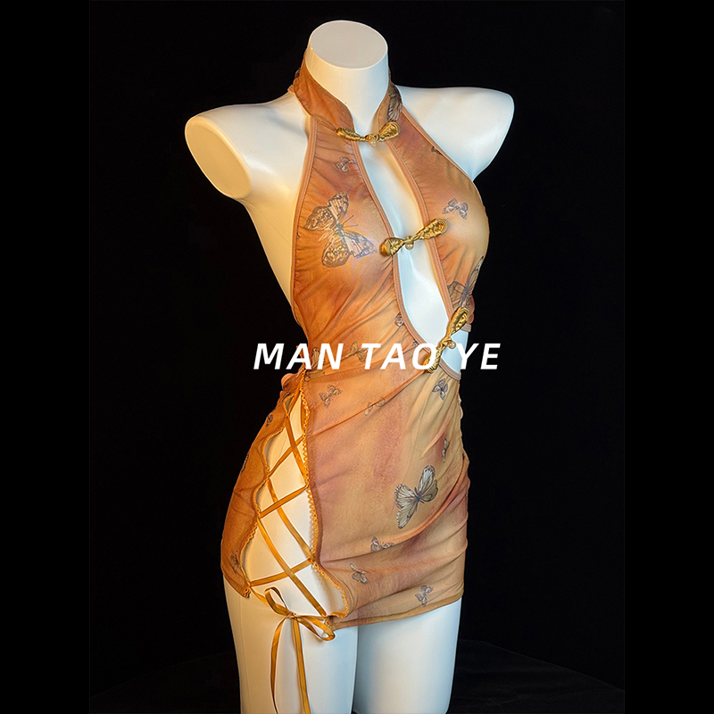 漫桃野「蝶梦古韵」镂空性感旗袍系带透视纯欲裸背内衣女qqny