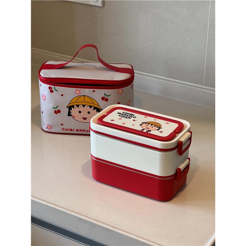 樱桃小丸子饭盒不锈钢多层大容量可微波炉带饭上班可爱便携饭盒包