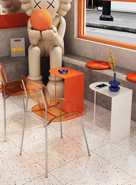 简约工业风奶茶店咖啡厅铁艺小方桌透明靠背椅甜品店橙色桌椅组合