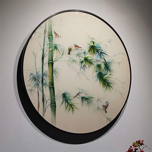 竹报平安新中式圆形高档手工苏绣挂画书房客厅玄关刺绣成品装饰画图片
