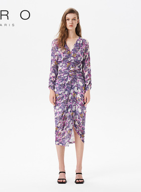 IRO NIGHT 2025年紫色印花连衣裙不规则v领露肩裙子WP33JOVIN23S