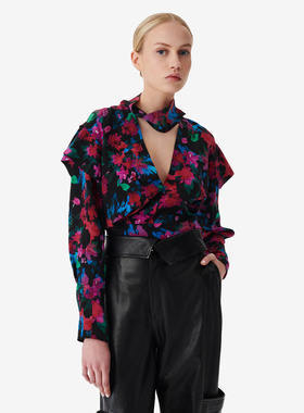 IRO NIGHT 2025年秋季V领套脖式荷叶边真丝上衣WP16MARTINA23W