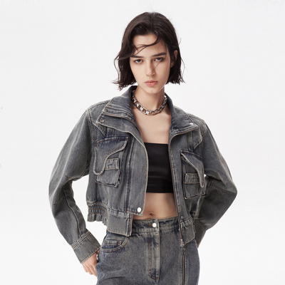 IRO NIGHT 2025年秋莱赛尔棉短款机车风做旧牛仔外套IWF353T00500