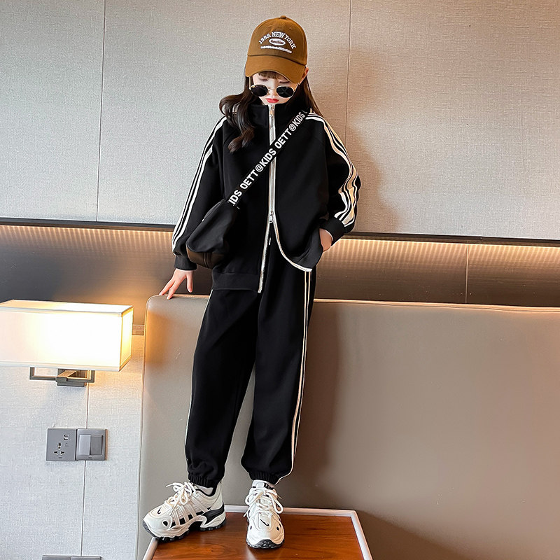女童休闲运动风两件套春秋冬立领拉链外套束脚裤宽松洋气百搭套装