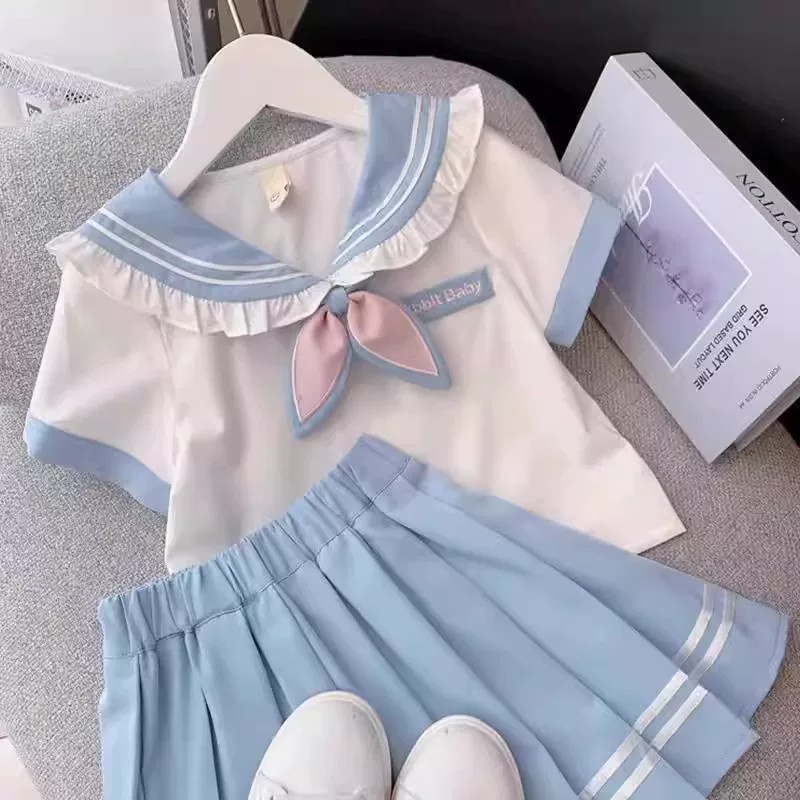 女童学院风jk制服套装夏季新款小女孩百褶裙短袖水手服衬衫两件套图片