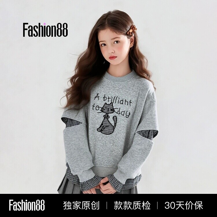女童卫衣2026新款秋装儿童假两件长袖上衣洋气女孩春秋季超火衣服