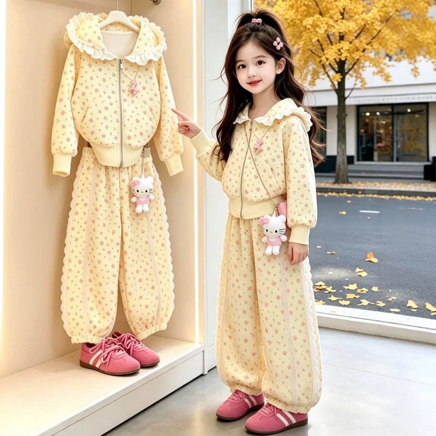 女童碎花卫衣卫裤套装春秋2026新款蕾丝花边开衫运动甜美两件套潮