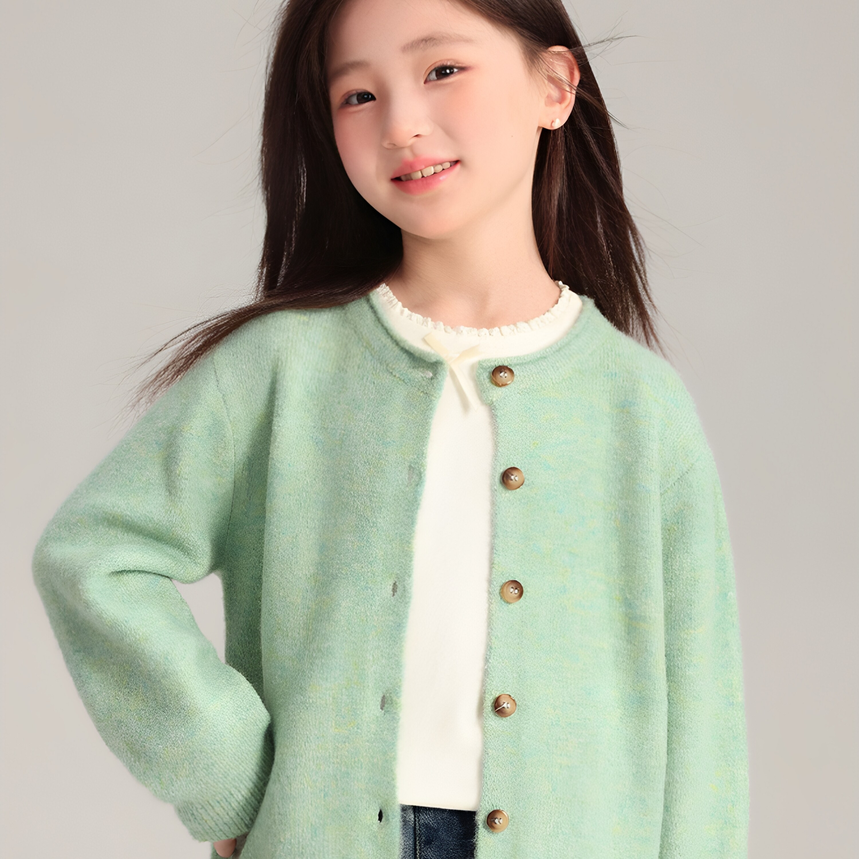 女童甜美针织开衫韩系2026春秋季新款薄荷绿上衣毛衣温柔儿童外套图片