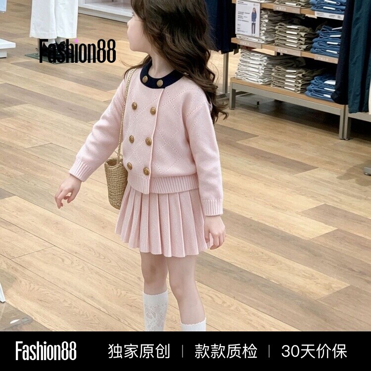 韩版女童2026秋冬新款粉色针织套装宝宝甜美双排扣毛衣百褶裙套装