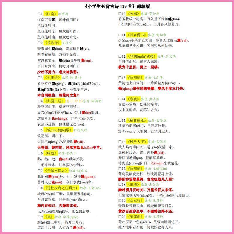 小初高语文必背古诗文3f3篇p3d可打LCT印子背诵晨读素材电版