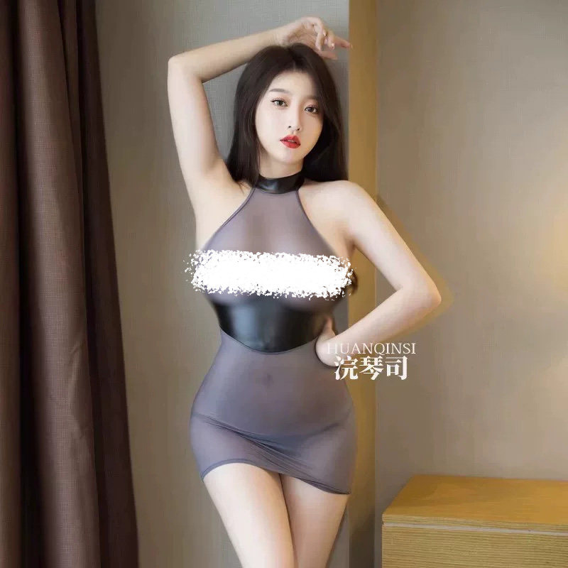 高领紧身透明丝滑油亮透视包臀裙女士皮尤拼接无袖圆领性感半身裙