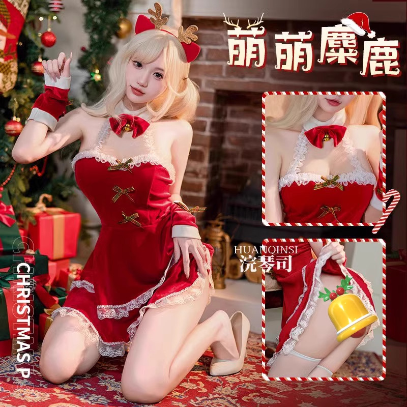网红圣诞战袍派对服新年红色制服性感圣诞装cos兔女郎连衣裙套装