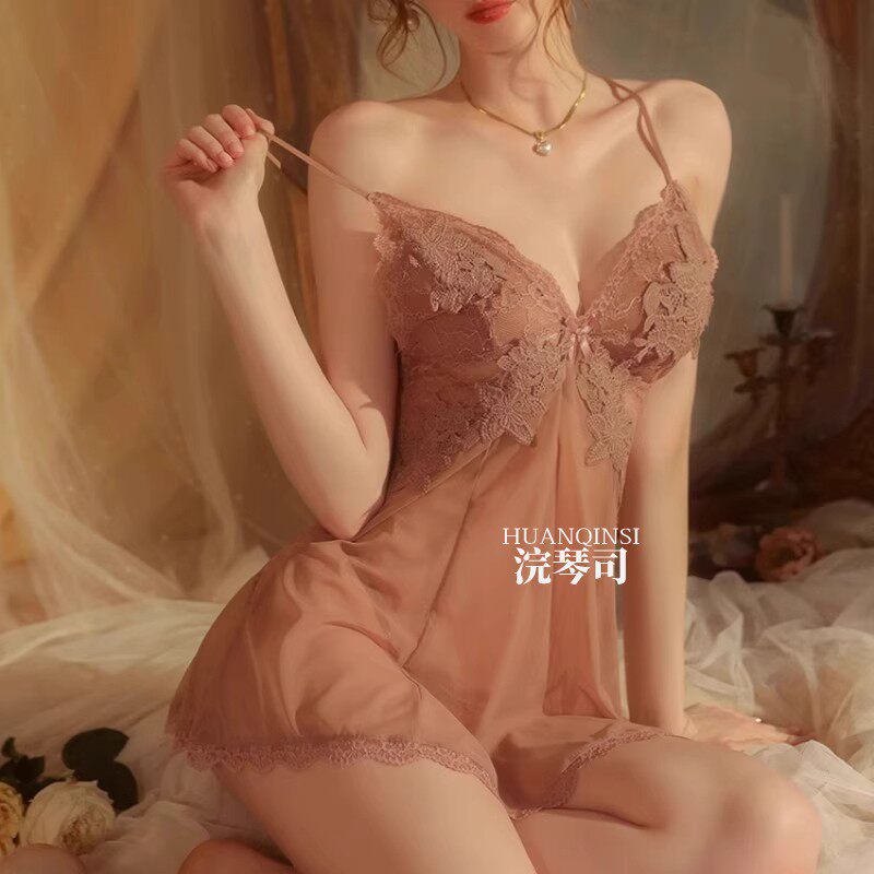 性感吊带睡裙女款2025新款冰丝春夏纯欲风蕾丝短裙家居服套装睡袍
