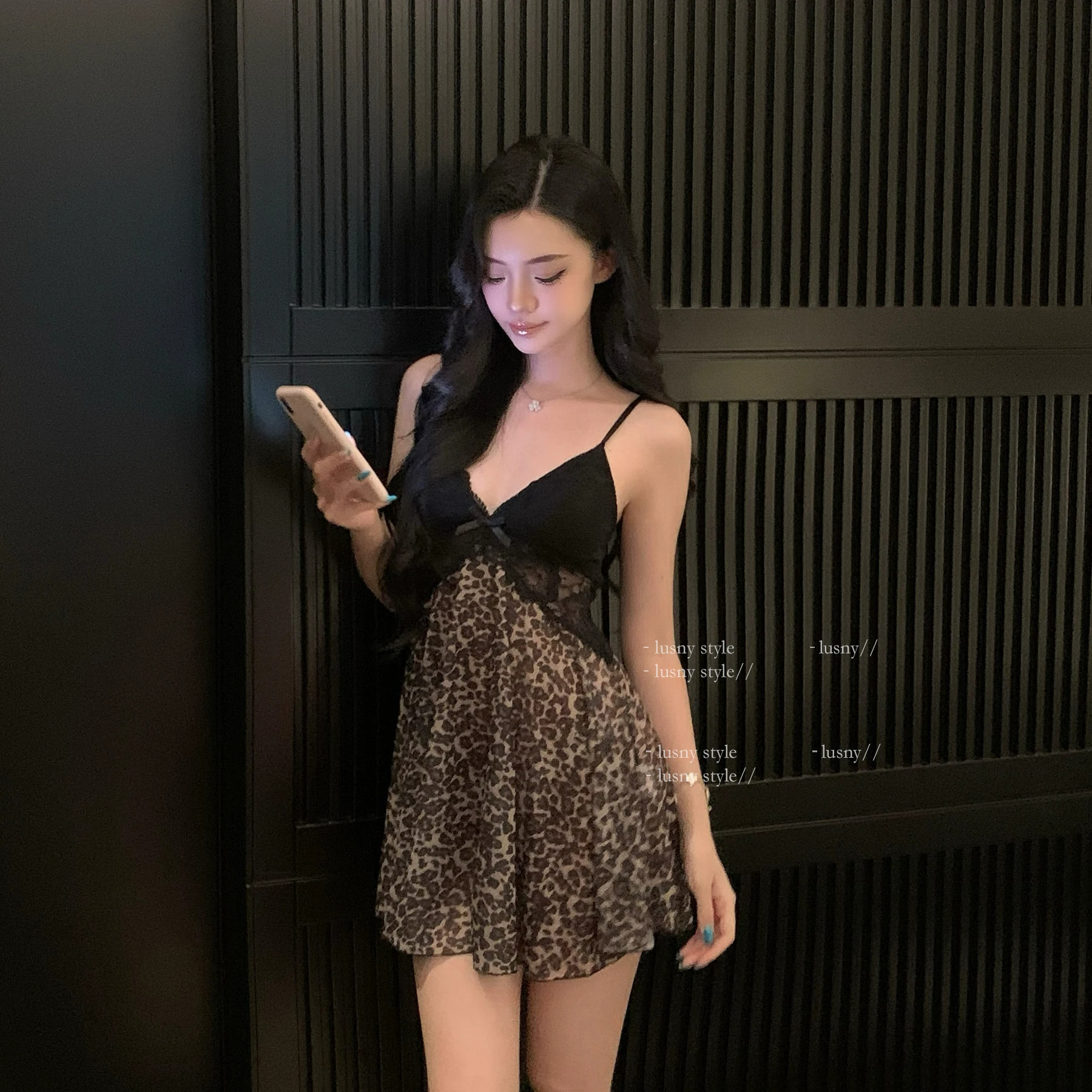 温柔豹豹*性感睡衣女纯欲豹纹蕾丝带胸垫网纱辣妹吊带睡裙