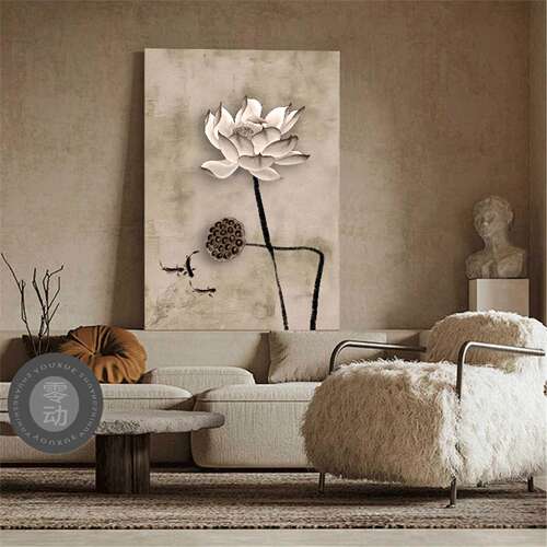 中古风客厅装饰画宋代荷韵高级感玄关摆画中式侘寂沙发背景墙挂画