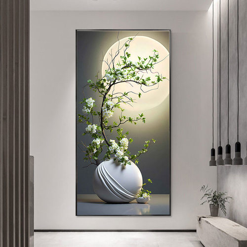 现代小清新玄关装饰画艺术绿植花瓶挂画走廊过道正对门盆栽入户壁