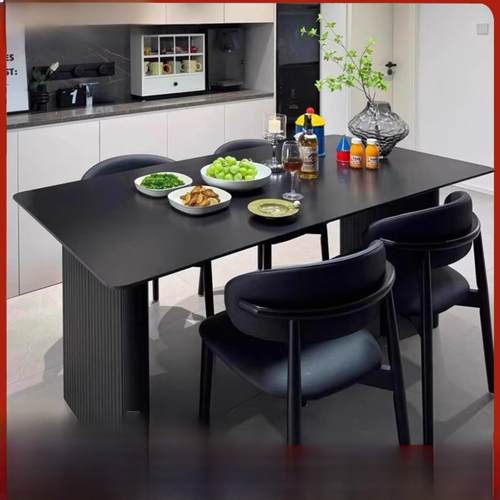 石板餐桌和椅子组合意大利纯黑色小公寓极简主义现代简单光豪华矩