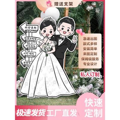订婚宴婚礼迎宾牌kt板指引牌结婚人形立牌定制出阁宴指示手绘卡通