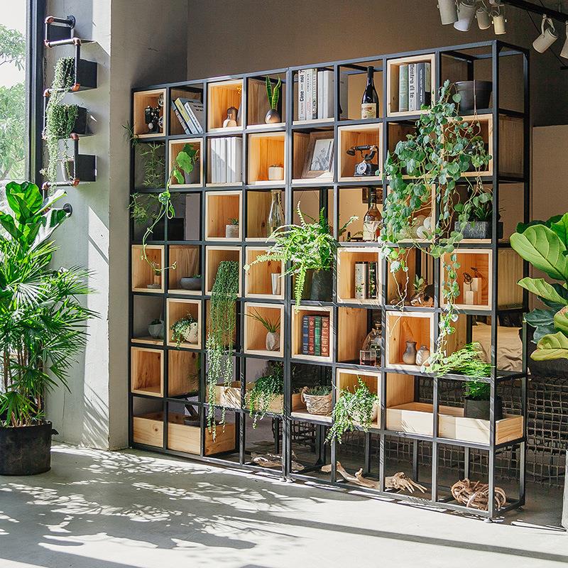 简约铁艺隔断置物架 落地办公室实木书架装饰展示架客厅收纳柜