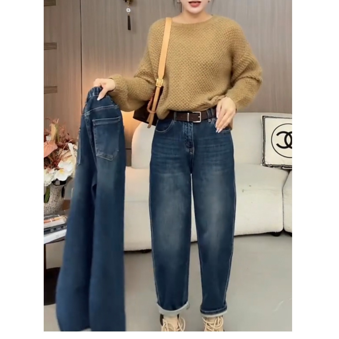 NZ-2955哈伦牛仔裤梨型身材胖MM遮胯遮肉宽松显瘦高腰弹力老爹裤