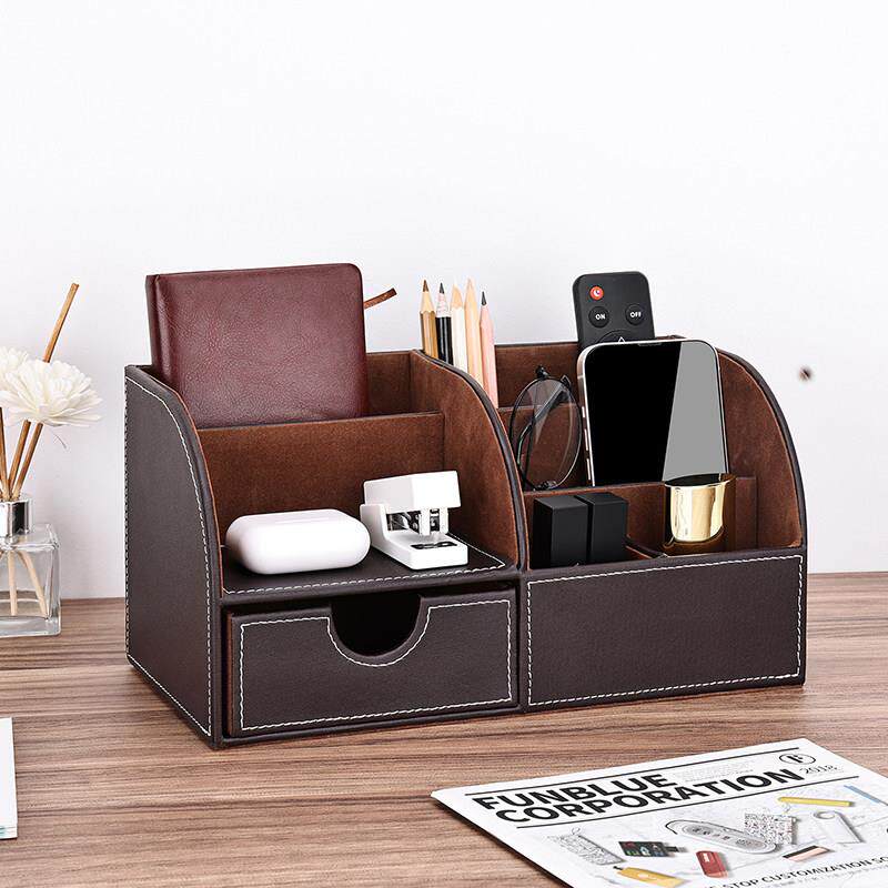 商友 皮革商务办公用品创意时尚笔筒办公室用品多功能文具收纳盒