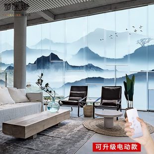 窗帘禅意免打孔帘子隔断办公室卷帘式 升降中式 遮挡屏风悬挂山水画