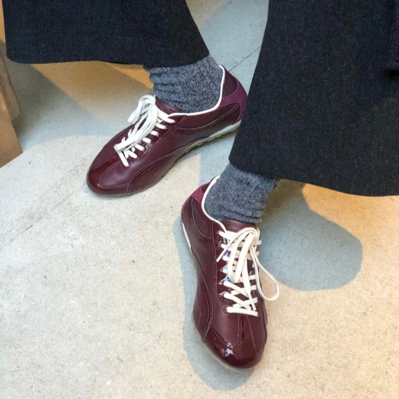 酒红色复古拼色德训鞋女真皮薄底阿甘鞋系带圆头百搭舒适休闲鞋子,女鞋,德训鞋,淘宝优惠券,粉丝福利购,淘宝优惠卷