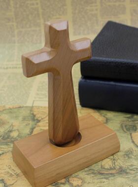 平安礼品实木十字架摆件家装天然榉木书桌办公室装饰品家居摆饰品