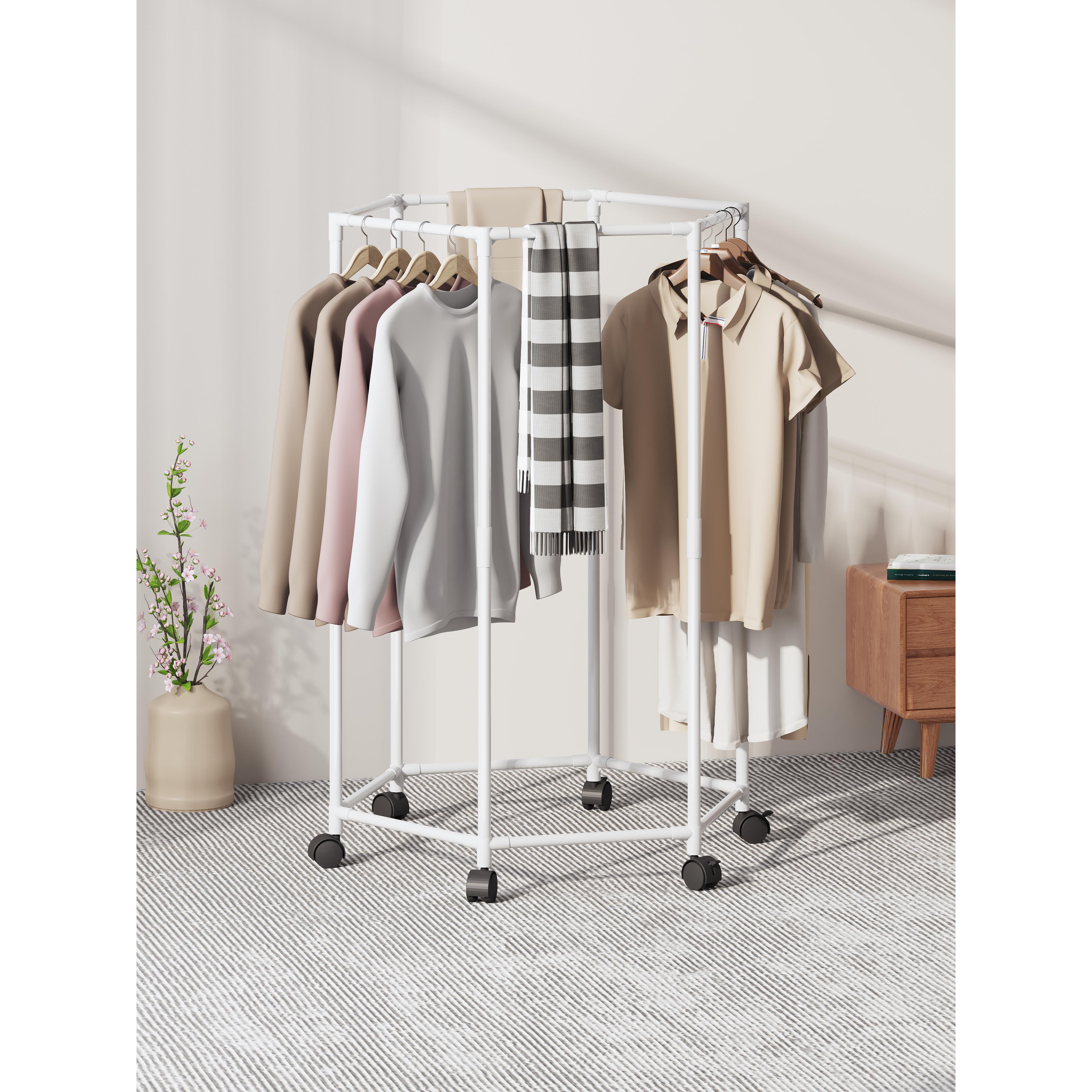 小型晾衣架落地式家用出租屋收纳架衣帽架六边形晾衣架可移动阳台