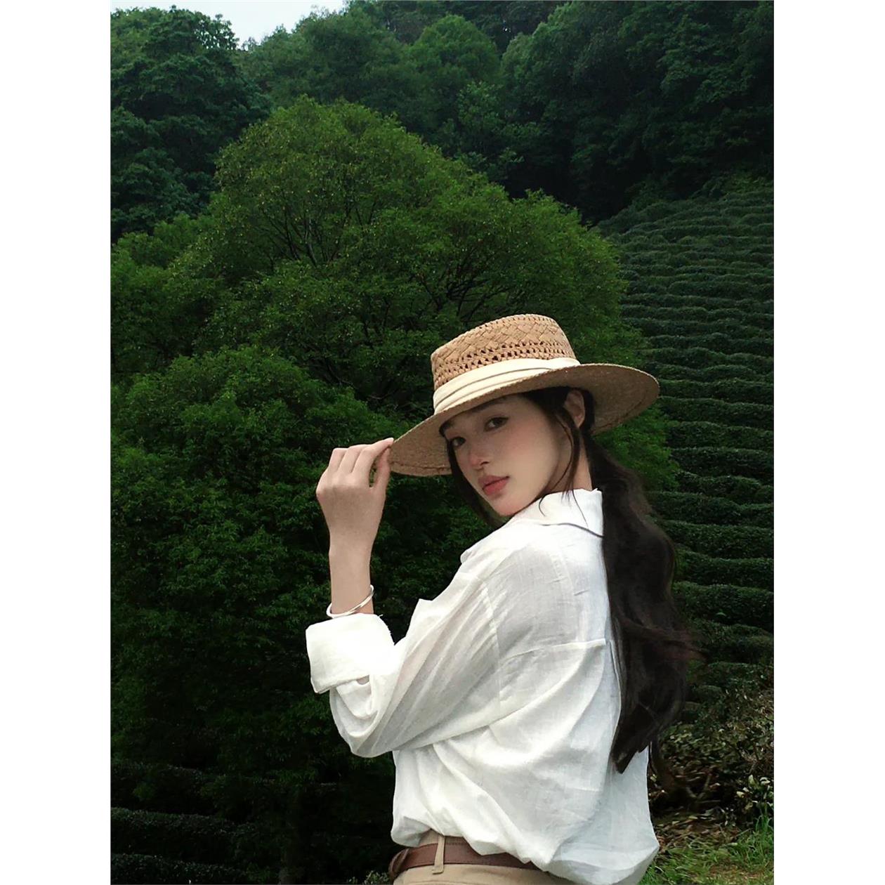 南法老钱风草编平顶帽女