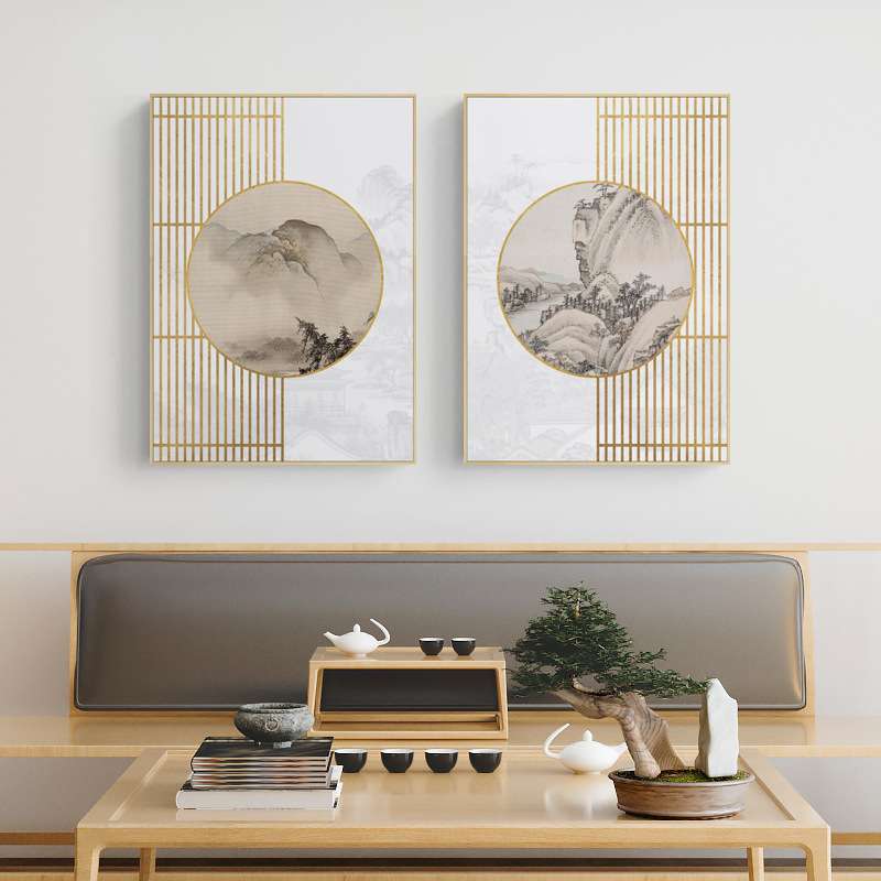 清静风新中式禅意客厅装饰画创意八边形挂画餐厅古典荷花茶室壁画图片