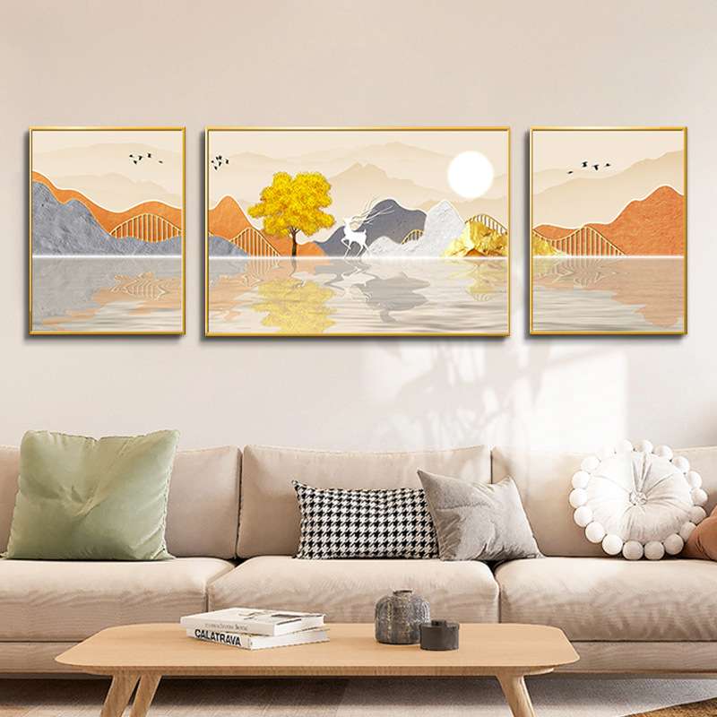 现代简约山水沙发背景墙装饰画艺术立体挂画轻奢客厅晶瓷三联画图片