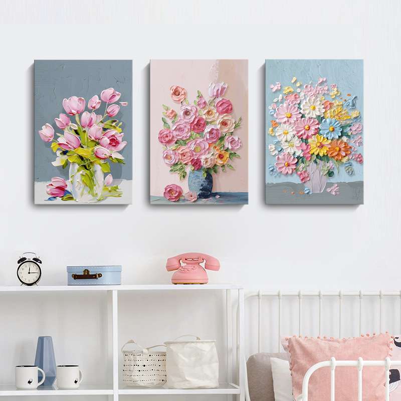 现代客厅装饰画奶油风花卉粉色微喷油画餐厅卧室壁画跨境无框画图片